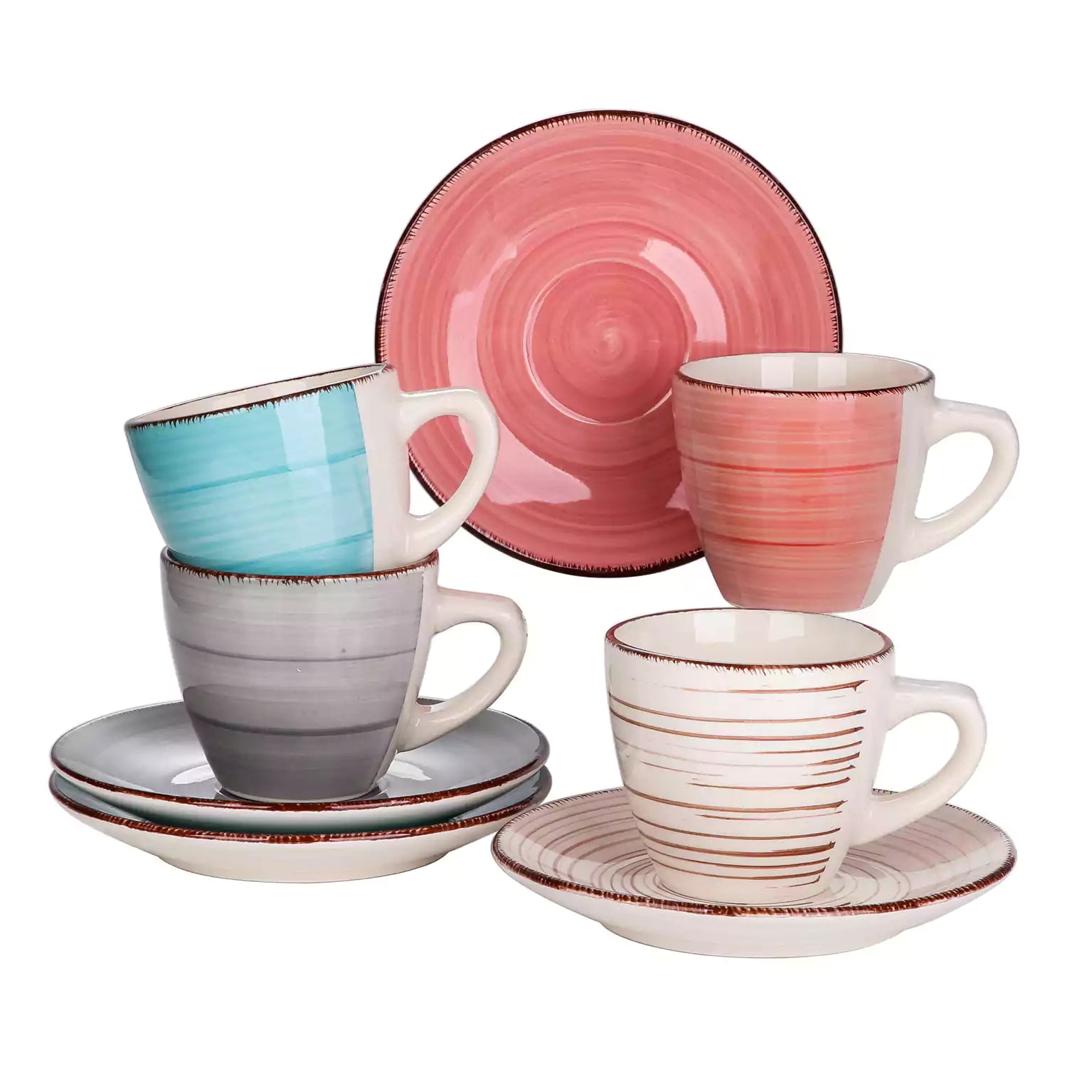 Bunte Kaffeetassen und Untertassen aus Steingut, 4er-Set – Vintage-Spiraldesign