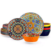Bohemian Lumi porcelain dinnerware set for 6 with vibrant patterned plates diamond-embossed bowls served with fresh food bread and olive oil on wooden table