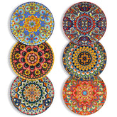 Lumi 8.5'' Bohemian salad plates set of 6 with vibrant patterns served with fresh food and cutlery on a bright table
