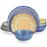 Boho Chic Multicolor Mandala 12 Piece Porcelain Dinnerware Set with Bowls and Plates-vancasso