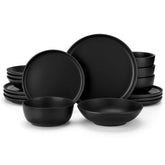 A matte black 16-piece stoneware dinnerware set from the Playa collection - offering a modern touch with plates and bowls for 4 people-vancasso.