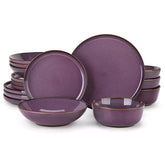 Sata purple stoneware dinnerware set 16 piece service for 4 assorted dishes with food on lipped edge reactive glaze plates farmhouse style white table setting