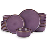 Sata purple stoneware 18 piece dinnerware set with dinner plates salad plates and cereal bowls styled on a wooden table with diverse meal setup farmhouse reactive glaze lipped edge service for 6