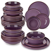 Sata purple stoneware dinnerware set styled dining table with dinner plates salad plates pasta bowls cereal bowls silverware and floral centerpiece farmhouse reactive glaze service for 6