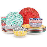 Selene porcelain vibrant dinnerware set colorful floral geometric plates bowls table setting with fork knife glass