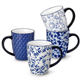 Mix and match Asian inspired porcelain mugs with Japanese indigo patterns on a coffee table