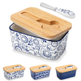 Selene porcelain butter dish Sol pattern with wood lid tabletop scene with bread and fruit