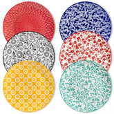 Selene porcelain vibrant dinner plates set of 6 colorful floral geometric flat lay on wood table