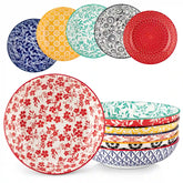 Selene porcelain vibrant pasta bowls set of 6 colorful floral geometric flat lay with breakfast food