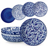 Selene porcelain indigo pasta bowls set of 4 blue white floral Japanese-inspired tabletop scene with food