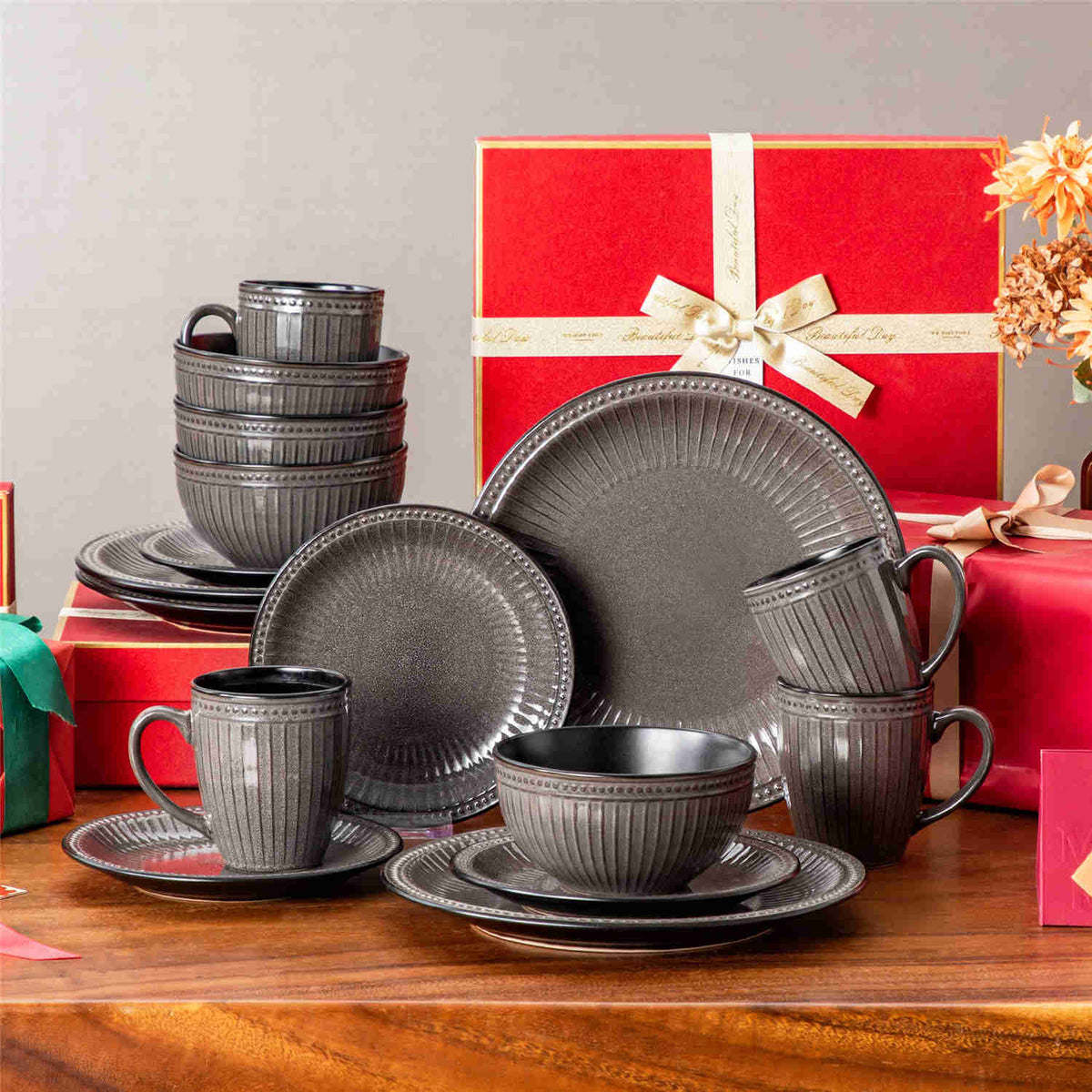 16-Piece Dinnerware Set In Brown With Embossed Dots And Stripes, Combining Natural Elegance, Durability, And Versatile Style For Any Occasion.
