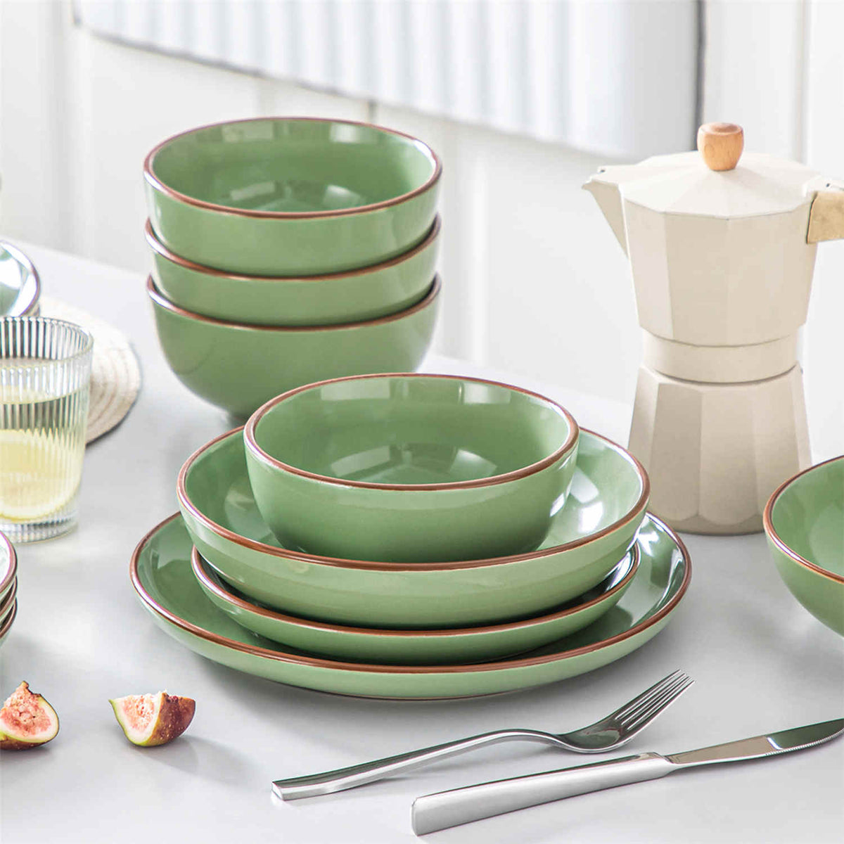 16-Piece Stoneware Set In Green With Brown Trim, Designed To Support Healthy Eating Goals By Enhancing The Appeal Of Nutritious Meals.