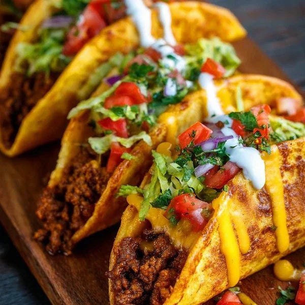 Crispy beef tacos with pico de gallo lettuce and sour cream on wooden serving board.