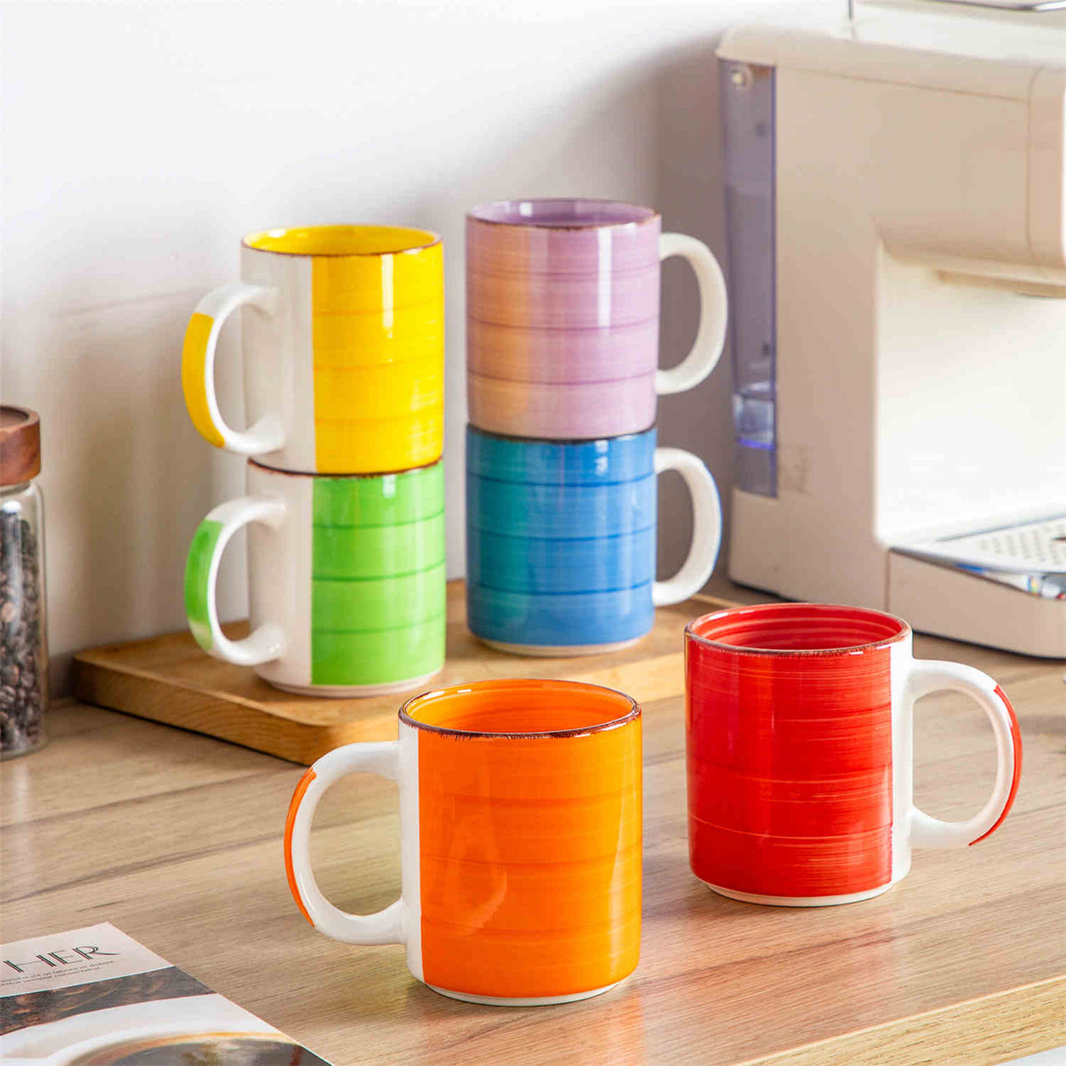 Large Round Mugs Set Of 6 In Multicolor With Hand-Painted Spirals, Perfect For Cozy Indulgence With Their Generous Size And Artisanal Design.