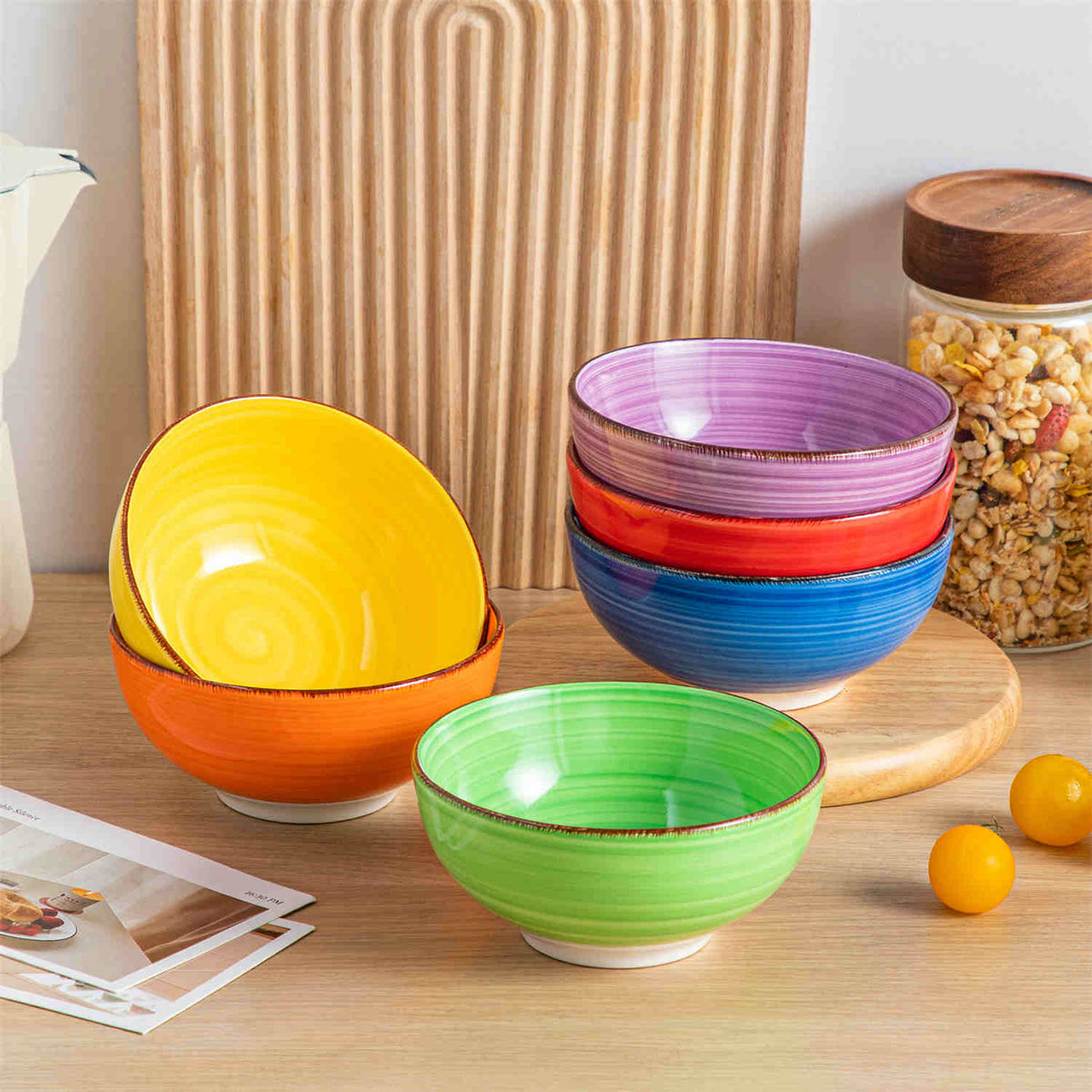 Mini Stoneware Cereal Bowls Set Of 6, Vintage-Inspired Multicolor Design.