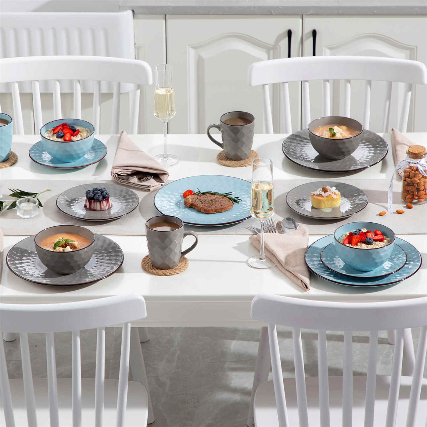 16-Piece Stoneware Dinnerware Set With Embossed Round Design And Glossy Finish, Perfect For Durable And Stylish 2025 Farmhouse Dining