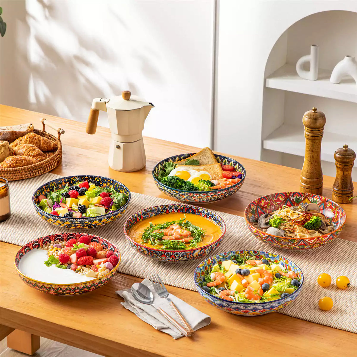 Lumi boho pasta bowls set of 6, double-sided 42oz porcelain, berries salad and greens spread on brown wood table with linen, Scandinavian dining scene.