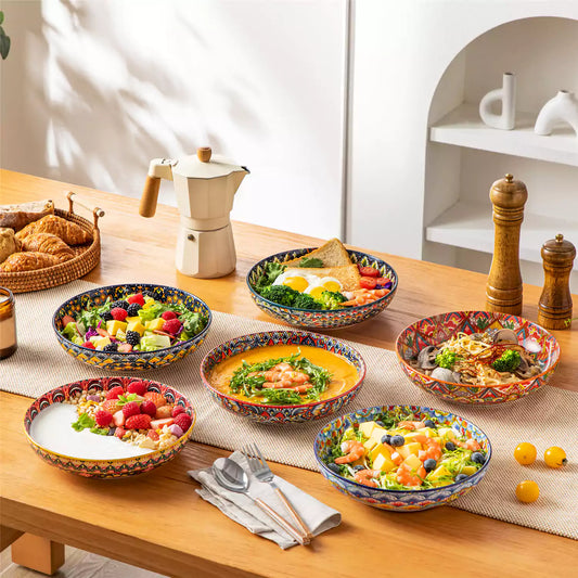 Lumi boho pasta bowls set of 6, double-sided 42oz porcelain, berries salad and greens spread on brown wood table with linen, Scandinavian dining scene.