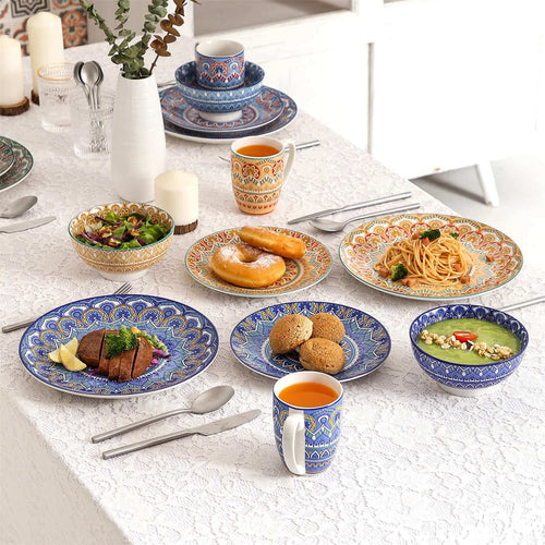 vancasso Mandala 16-Piece Porcelain Dinnerware Set In Vibrant Multicolor Adds A Touch Of Bohemian Flair To Modern Dining, Elevating Every Meal With Its Unique And Lively Design.