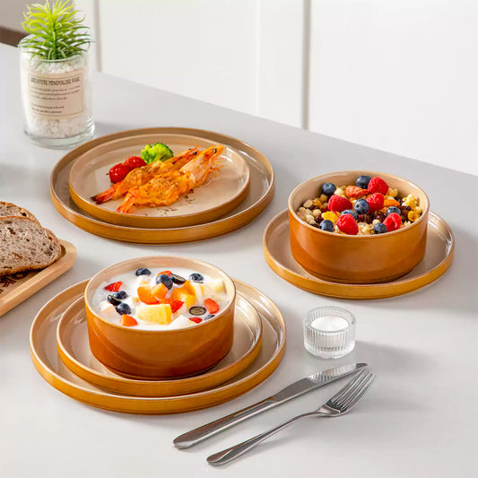 Onion 12-piece stoneware dinnerware set in caramel brown stacked with oatmeal yogurt and baked cheesy shrimp