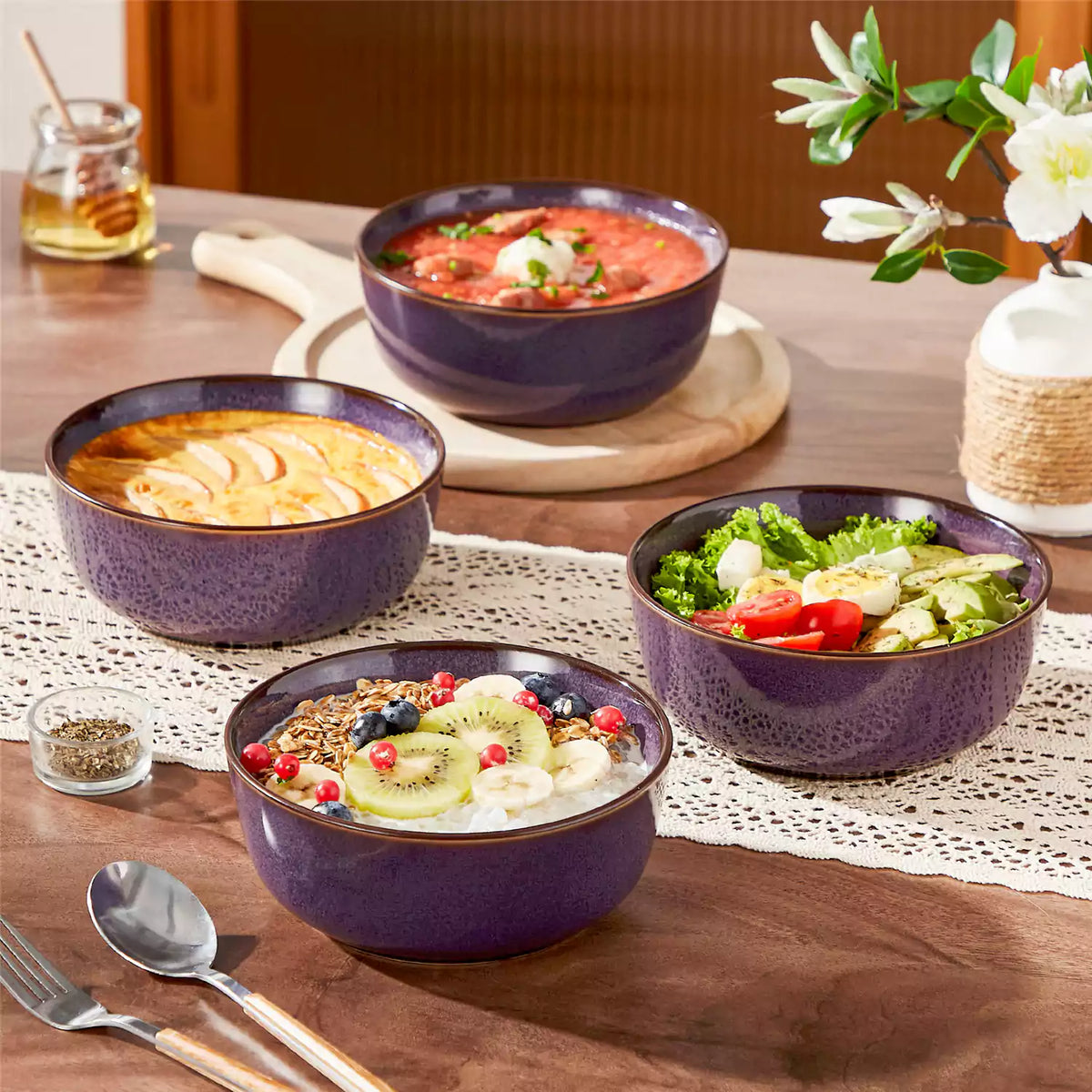 Sata stoneware cereal bowls set of 4 lace runner table fruit salad oatmeal toast tomato soup farmhouse breakfast spread.