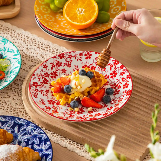 Selene vibrant salad plates set of 6 with citrus fruit and honey drizzled cake lace table runner.