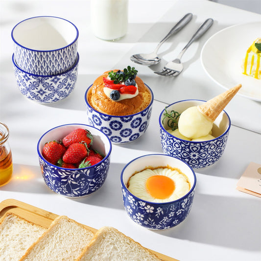 Selene 8oz ramekin bowls set of 6 with strawberries steamed egg ice cream white table wood bread board honey jar.