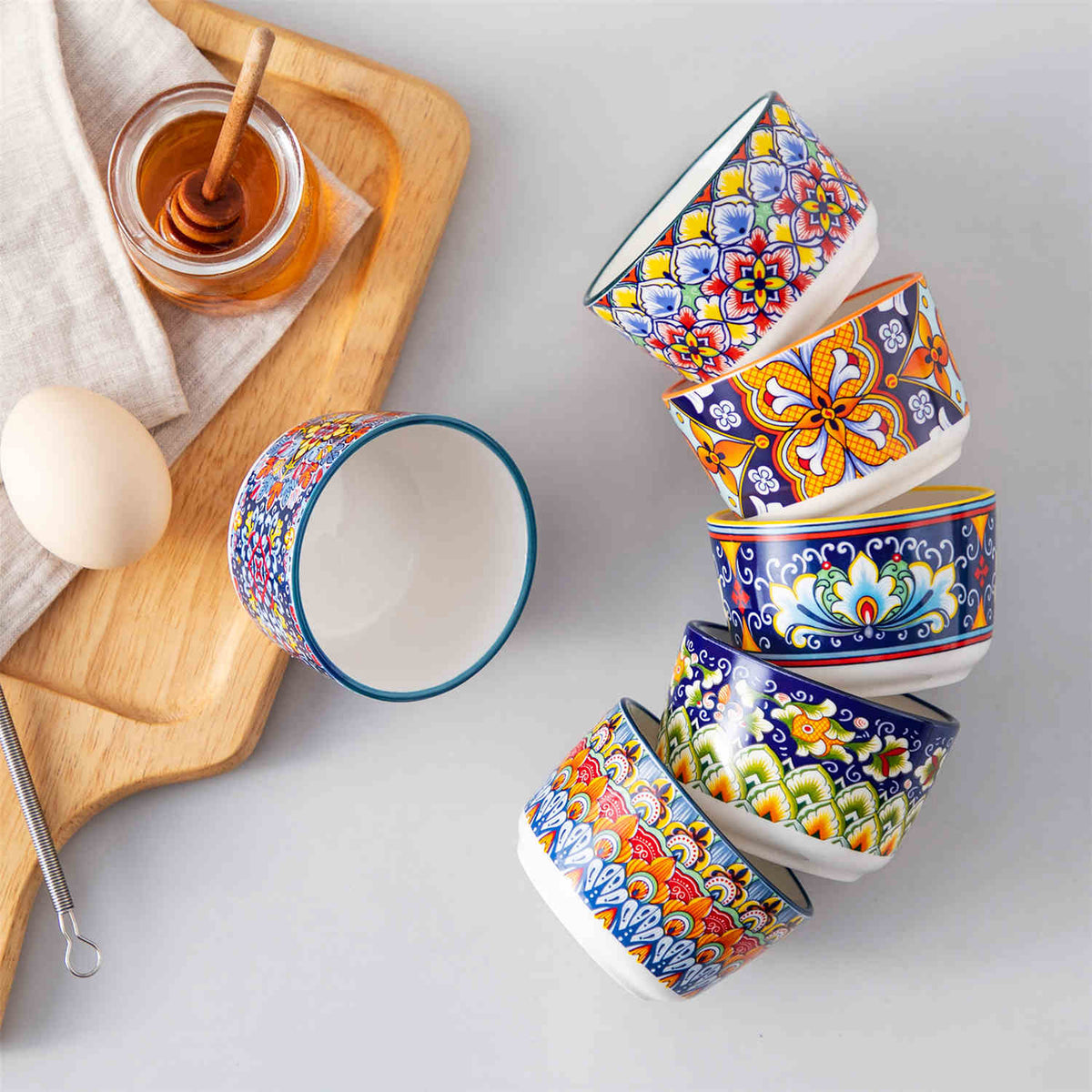 Set Of 6 Porcelain 4 Oz Ramekin Bowls With Bohemian Charm, Versatile Essentials For Baking, Serving, And Entertaining.