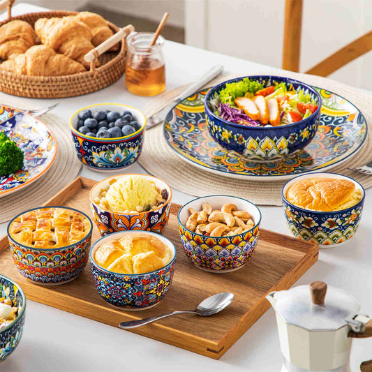 Simi 8oz ramekin bowls set of 6, filled with snacks, colorful floral porcelain, microwave and dishwasher safe