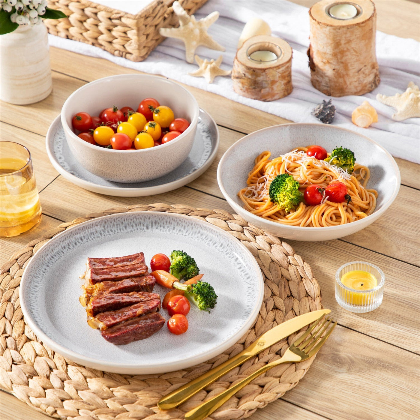 24-Piece Stoneware Set With Snowflake Reactive Glaze, Combining Durability And Elegance For Everyday Meals And Special Occasions.