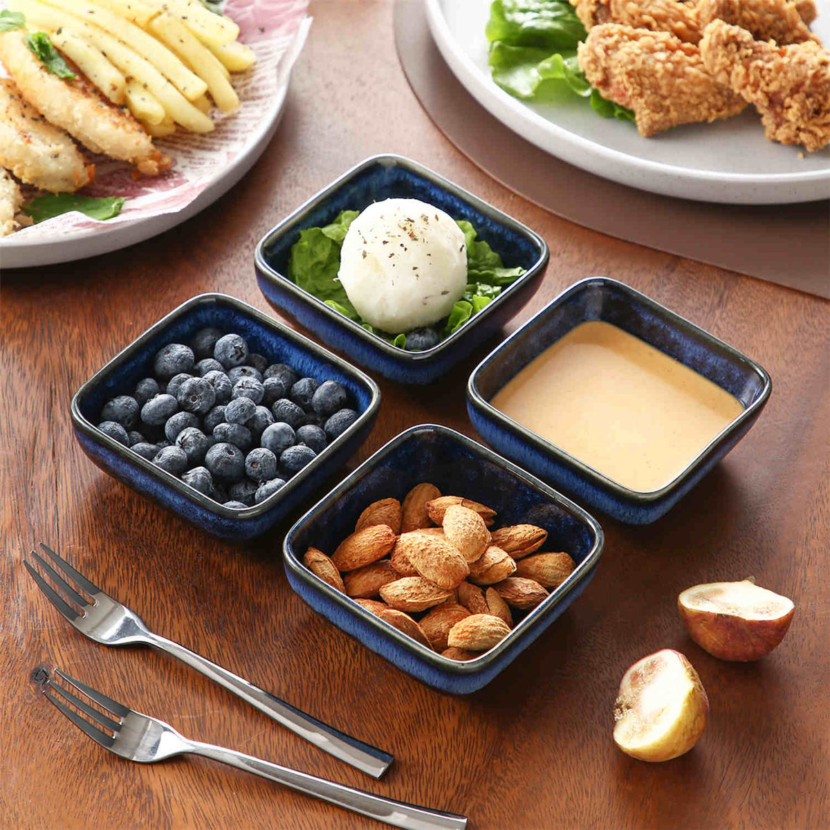 Stern square dipping bowls set of 4 with assorted snacks, glossy reactive glaze finish