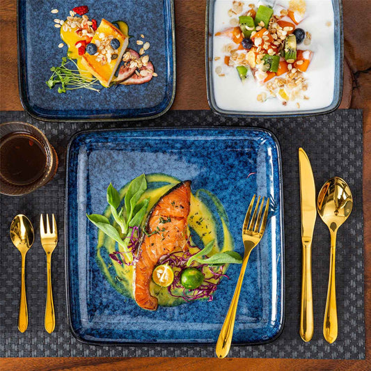 Stern 16-piece stoneware set | rustic blue dinnerware for cozy family meals and solo dining