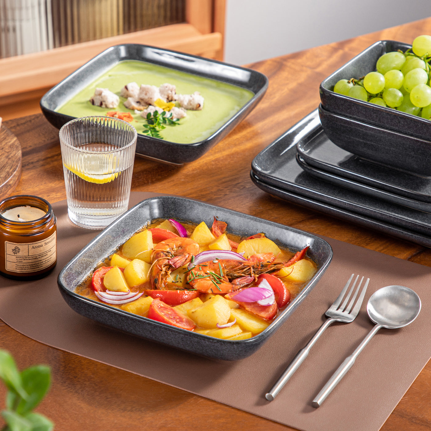 vancasso Stern 16-Piece Dinnerware Set in Grey, made of durable stoneware, perfect for heavy use during the holidays. Heat-resistant and long-lasting, ideal for thick foods and formal dining.