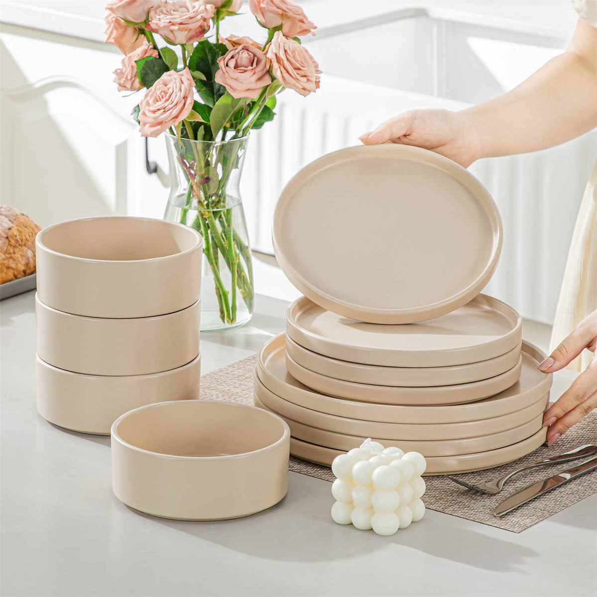 12-Piece Stoneware Set In Beige With Semi-Matte Finish, Offering Minimalist Versatility For Stylish And Harmonious Table Settings.