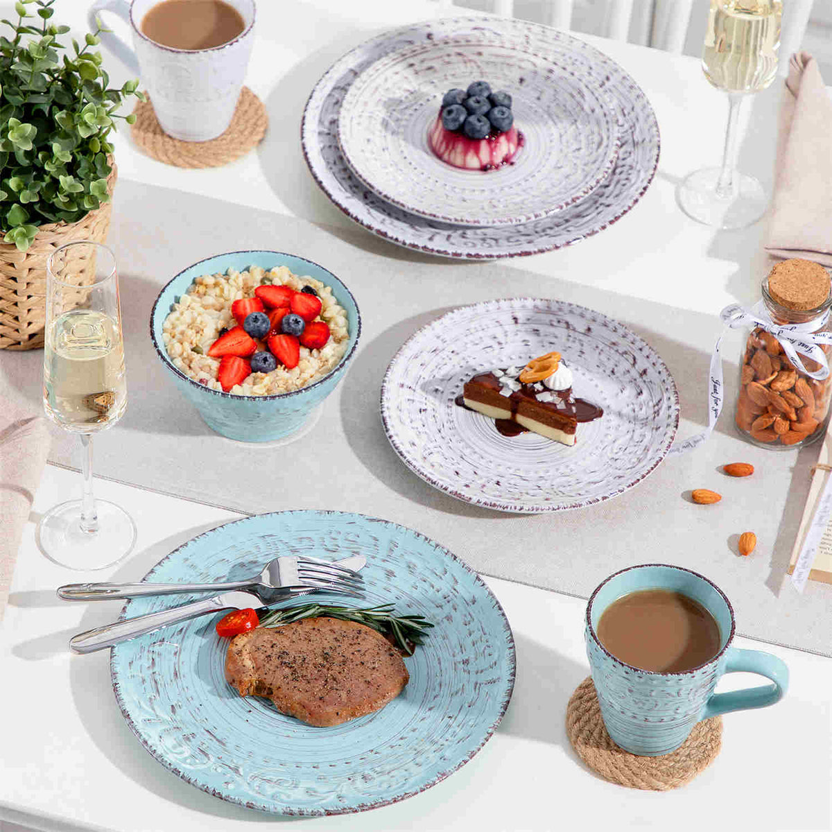 16-Piece Stoneware Set With Gloss Finish And Embossed Vines, Offering Elegant Serveware For Restaurant-Style Home Dining With Easy-Care Durability.