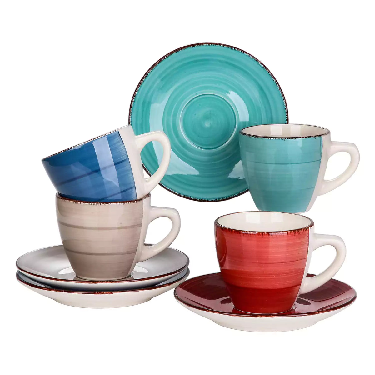 Steaming coffee served in colorful spiral stoneware cups and saucers-handmade vintage design - B