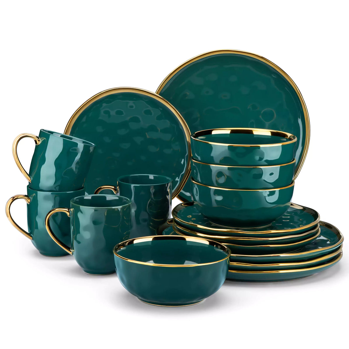 Lovecasa 16-Piece Dinnerware Set With Gold Trim Made Of Durable Porcelain Perfect For Elegant Dining And Everyday Use - Green