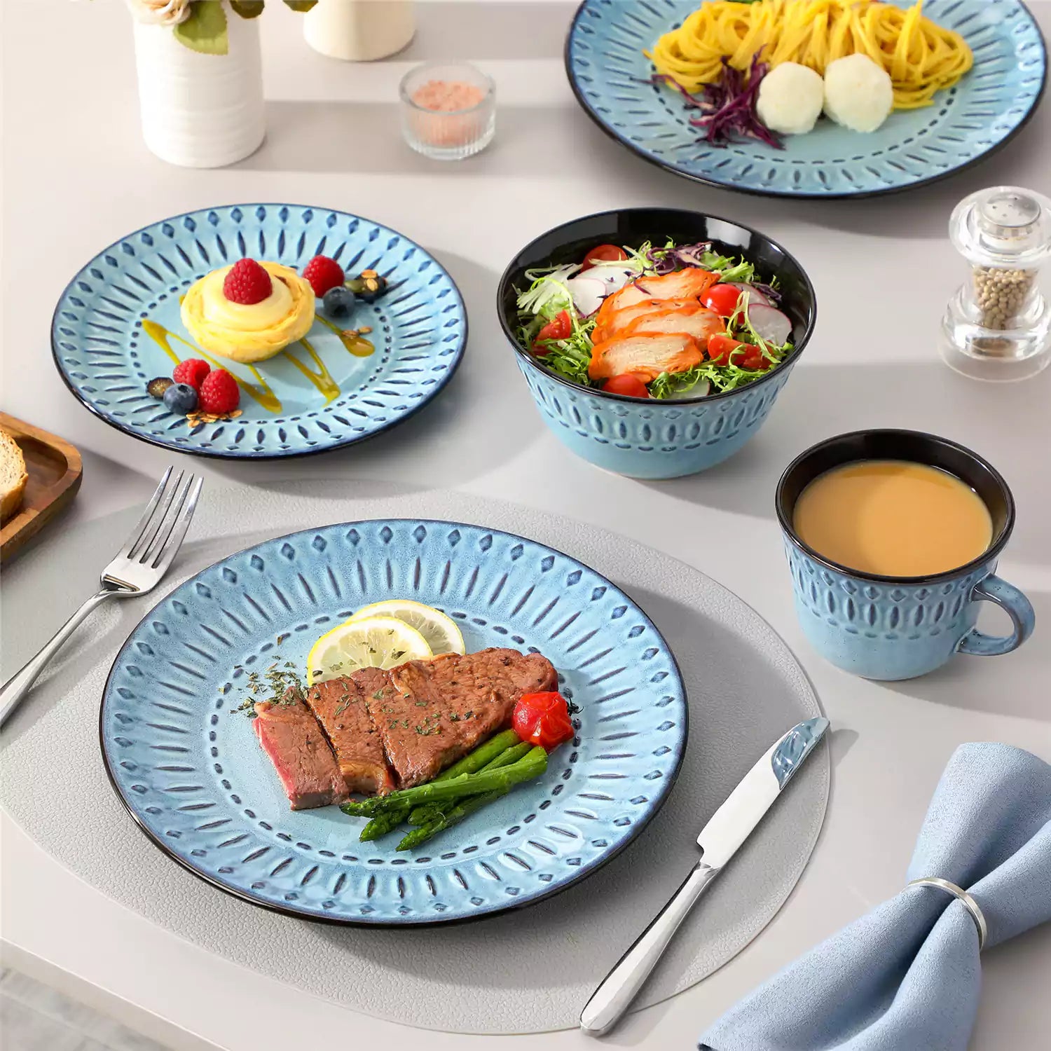 Dinnerware Pattern Line Designs Reactive Glaze Dinnerware | 16-Piece Set | Durable Stoneware