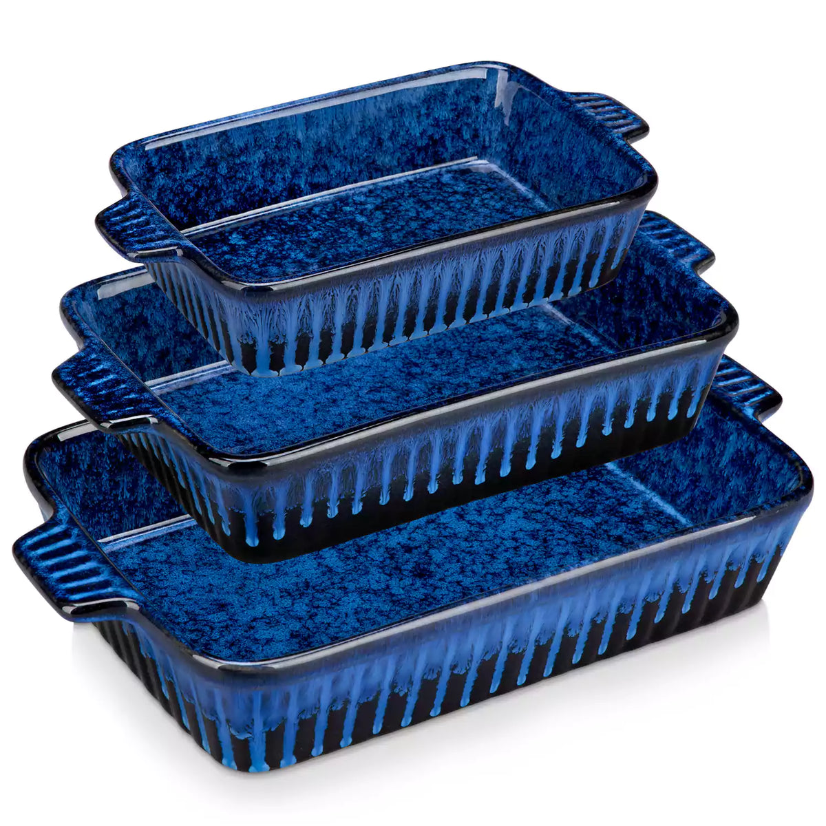 Starry 3 piece stoneware bakeware set with reactive glaze in navy blue on a wooden table