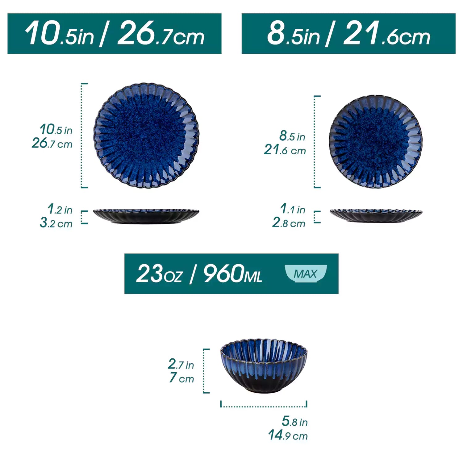 Adonis 18 piece reactive glaze dinnerware set in deep blue with ribbed bowls and plates on a dining table