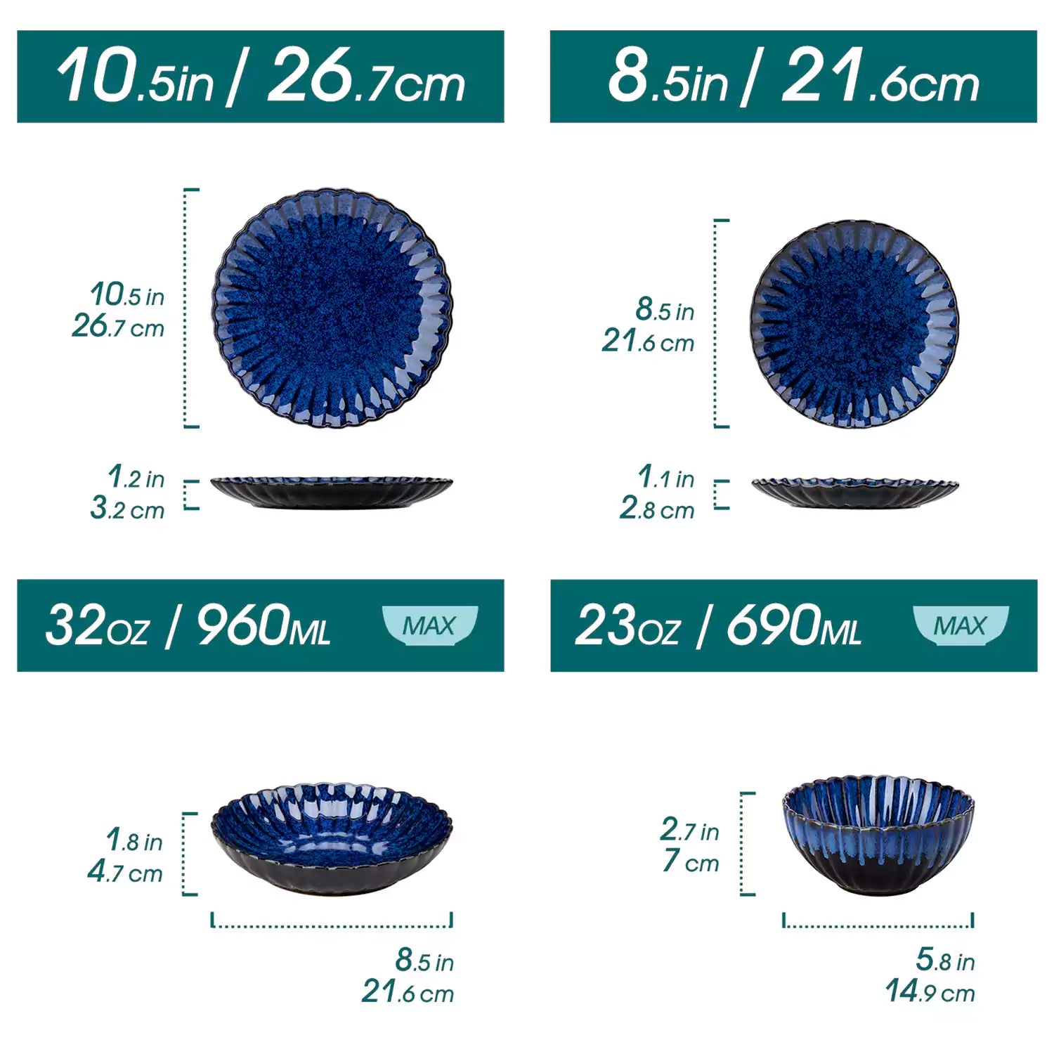 Adonis 16 piece reactive glaze dinnerware set in teal blue with pasta steak and fruit on a wooden dining table