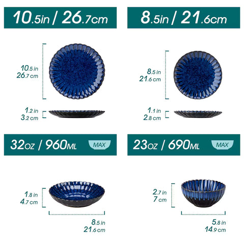 Adonis 16 piece reactive glaze dinnerware set in teal blue with pasta steak and fruit on a wooden dining table