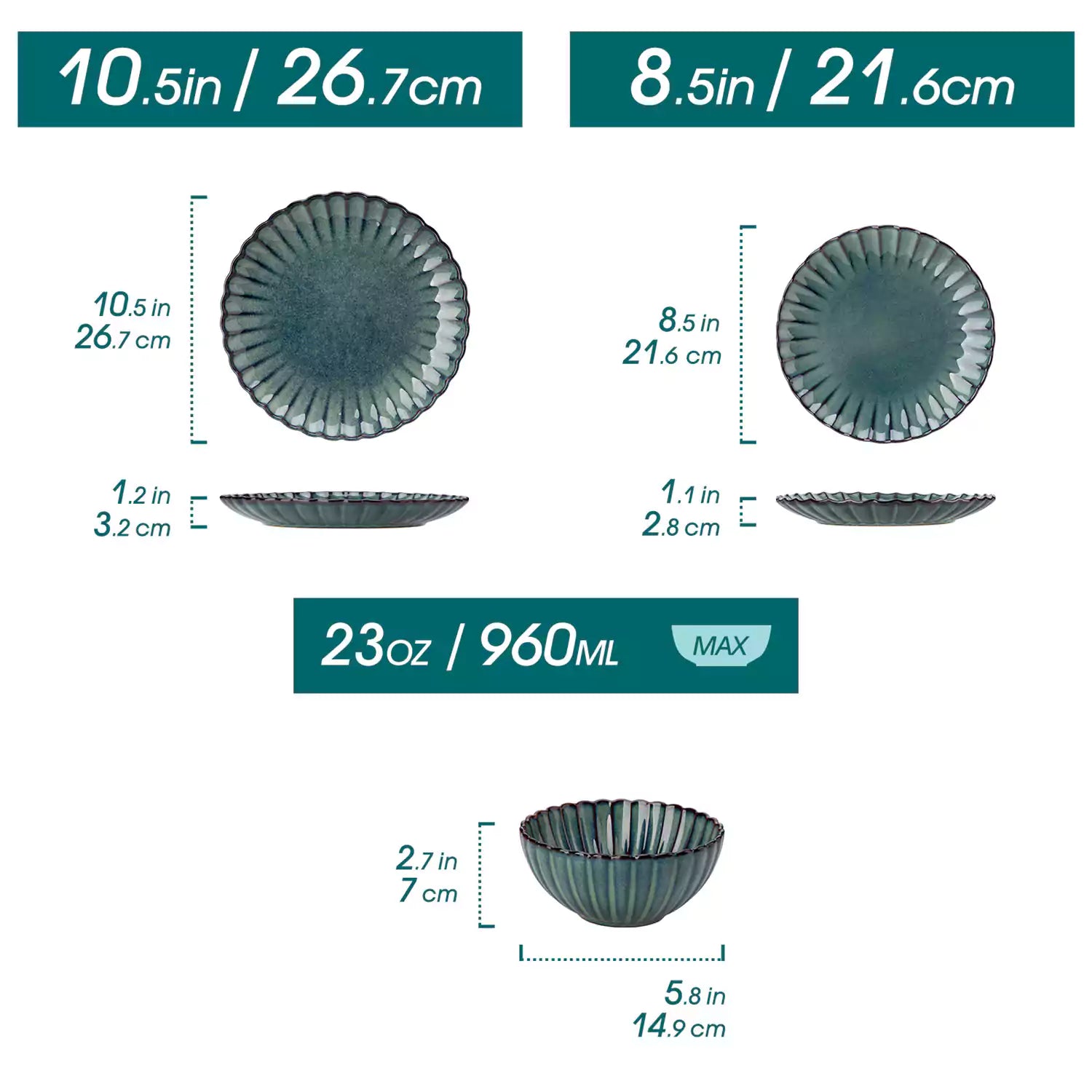 Adonis 18 piece reactive glaze dinnerware set in teal green with ribbed bowls and plates on a dining table