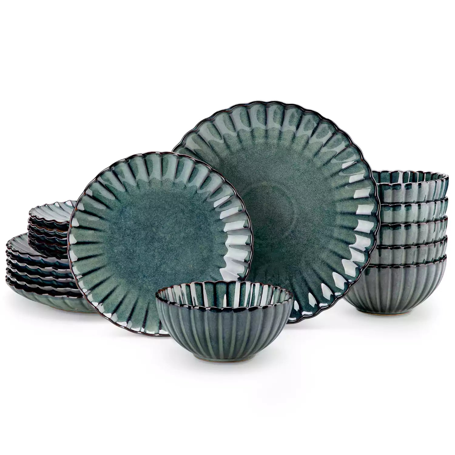 Adonis 18 piece reactive glaze dinnerware set in teal green with ribbed bowls and plates on a dining table