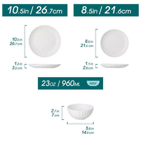 Adonis 18 piece white porcelain dinnerware set styled with food and glassware on a modern dining table