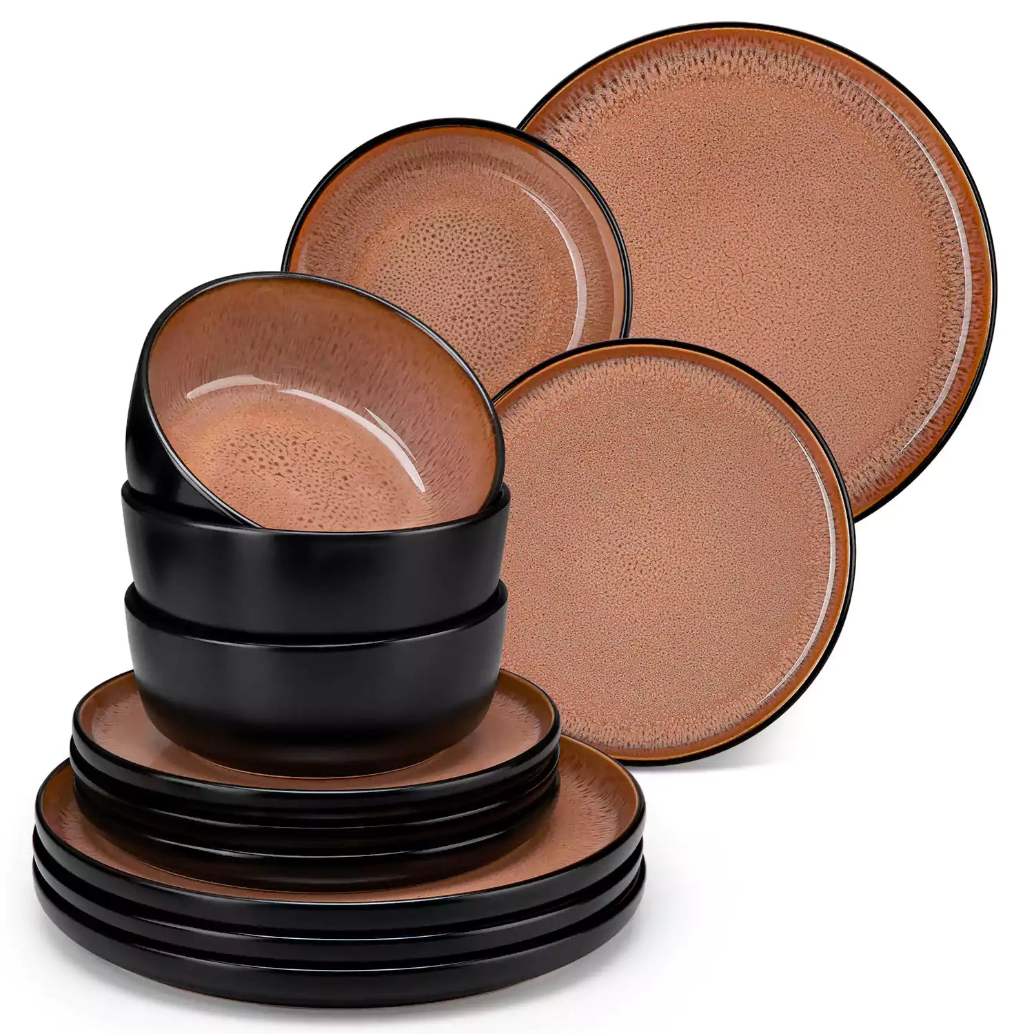 Rustic dining table with Amber 12-piece stoneware dinnerware in farmhouse red - featuring reactive glaze plates - bowls - and utensils by vancasso