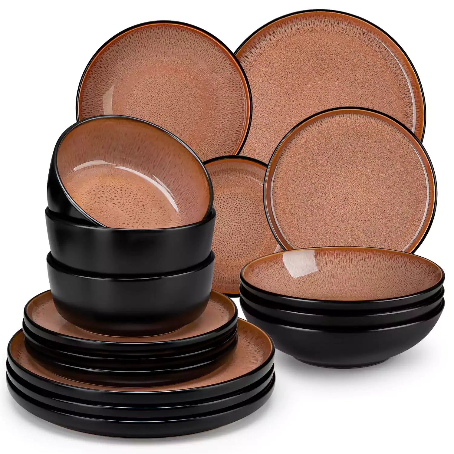 Assorted dishes with soup - dessert - and fruit salad on rustic wooden table - Amber 16-Piece red stoneware dinnerware set with plates and bowls by vancasso