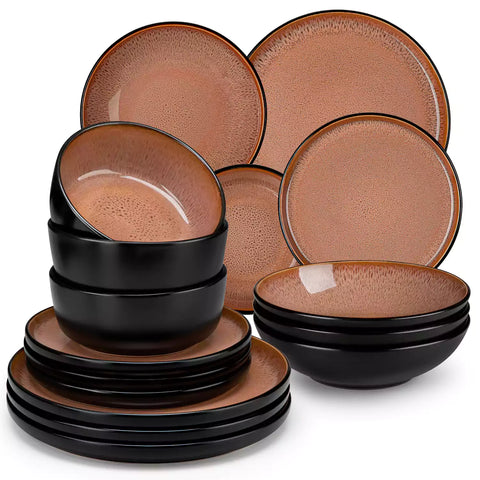 Assorted dishes with soup - dessert - and fruit salad on rustic wooden table - Amber 16-Piece red stoneware dinnerware set with plates and bowls by vancasso