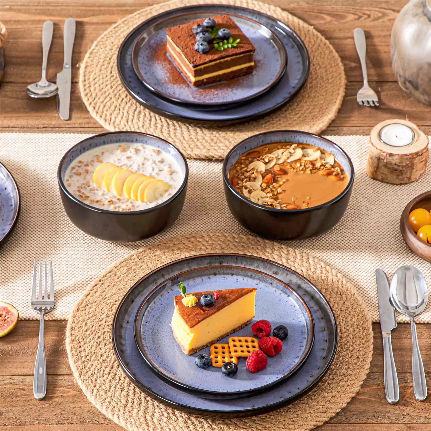 Rustic dining table with Amber 12-piece stoneware dinnerware in farmhouse violet - featuring reactive glaze plates - bowls - and utensils by vancasso