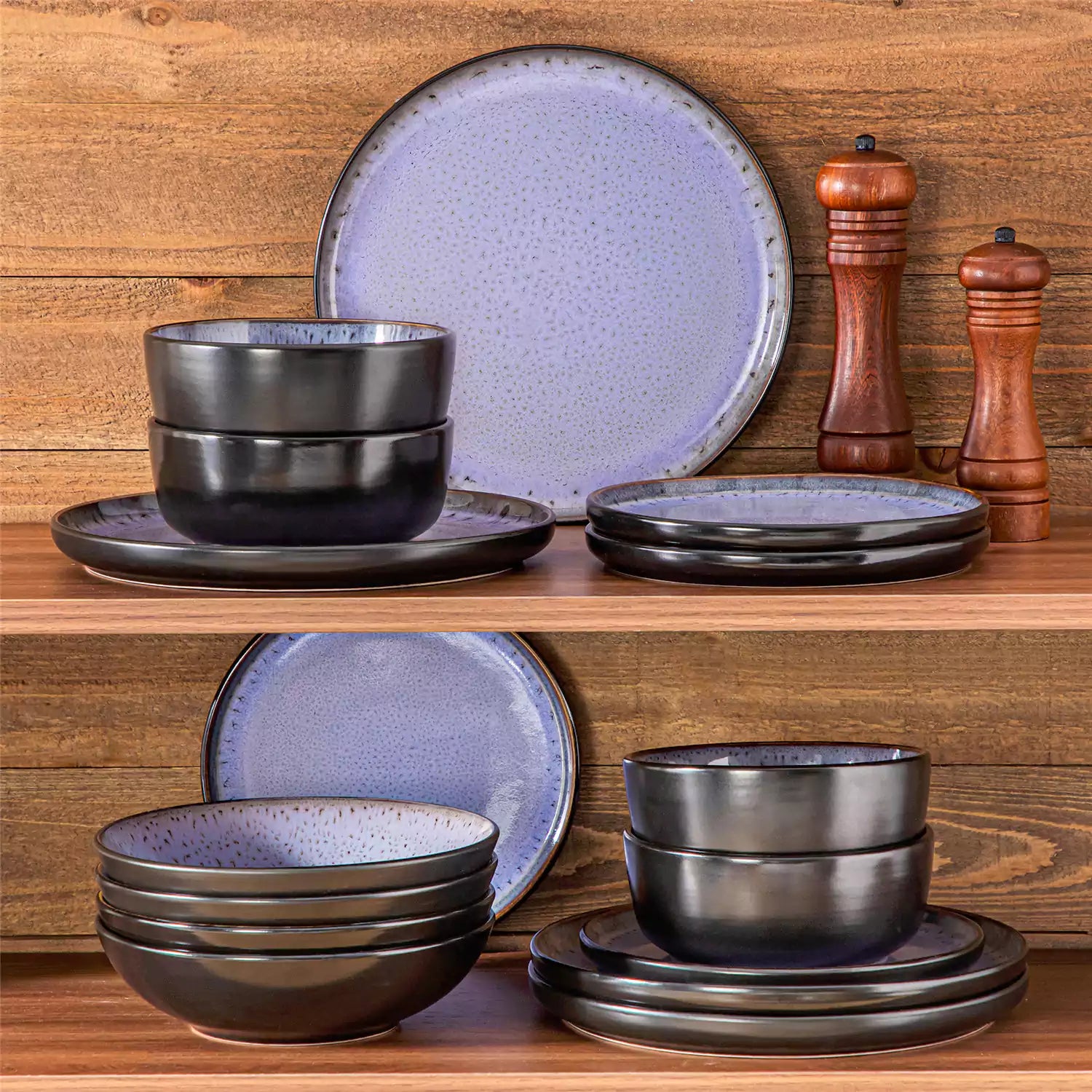 Assorted dishes with soup - dessert - and fruit salad on rustic wooden table - Amber 16-Piece violet stoneware dinnerware set with plates and bowls by vancasso